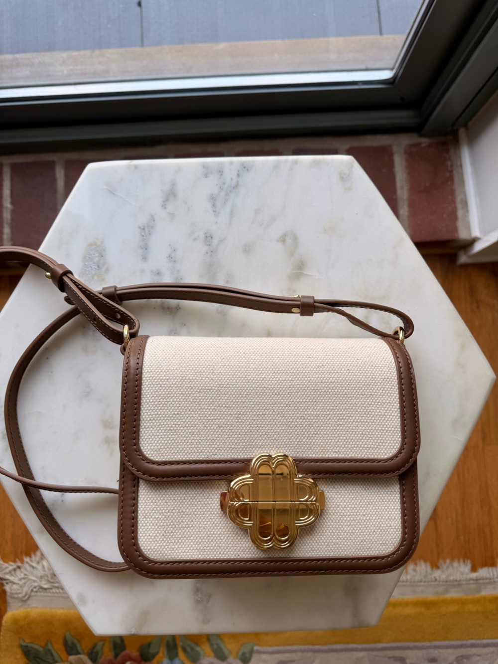 Maje Cream Canvas and Brown Leather Crossbody with Gold Clasp